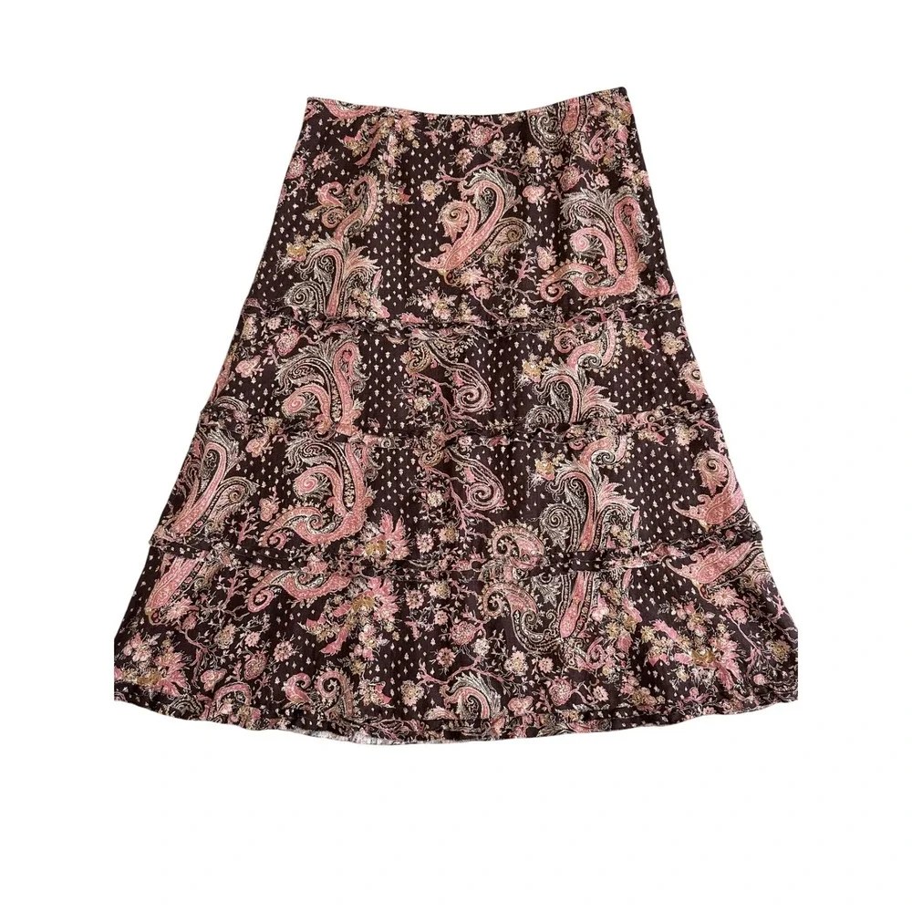 Tapemeasure Tiered Linen Ruffle Midi Skirt Size 16 Brown Paisley Boho - Picture 1 of 11